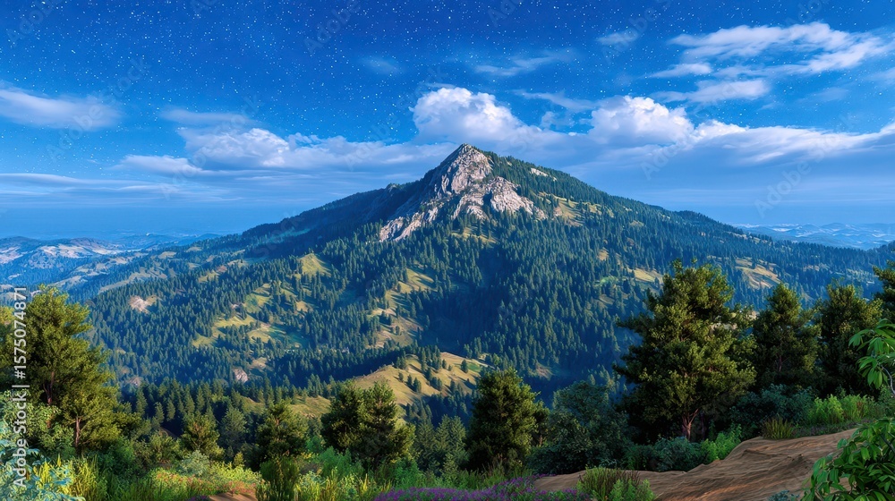 Fototapeta premium Majestic Mountain Landscape with Forest and Starry Sky - Nature Scenery, Scenic View, Wilderness