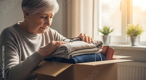 Mature woman carefully packing folded clothes into a box, representing thoughtful home organization, moving preparations, or preparing essentials for life transitions
