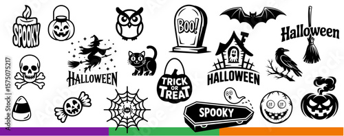 Various black Halloween icons bundle including ghost, pumpkin, witch, and cat for holiday party decorations and invitations
