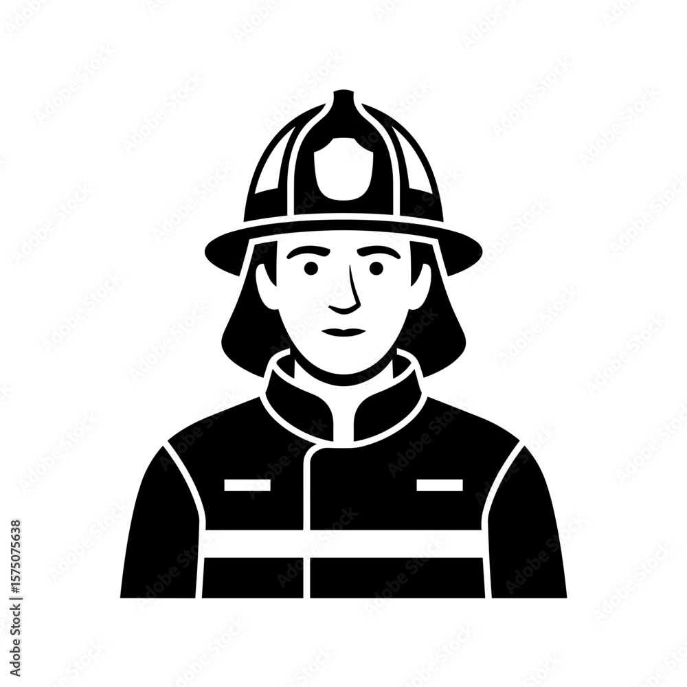An illustration of a firefighter wearing his protective gear. The style is a graphic bold black and white design An illustration of a firefighter wearing his protective gear. The style is a graphic bold black and white design