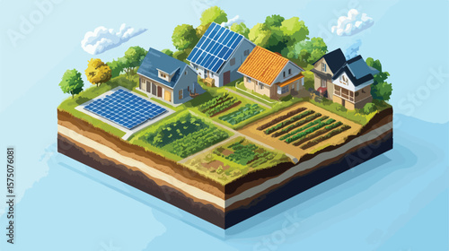 Isometric Block with Layers of Earth in Rural Scene