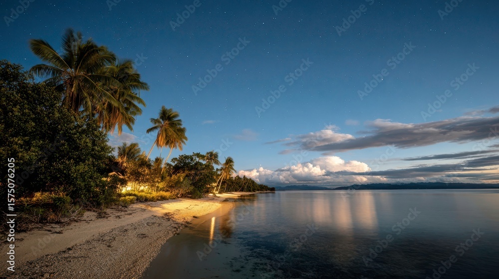 Tropical Beach Paradise at Night: Palm Trees, Stars, Serene Ocean Tropical Beach Paradise at Night: Palm Trees, Stars, Serene Ocean