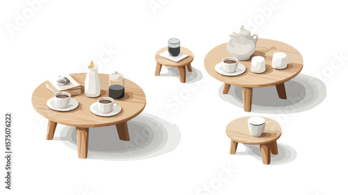 Isometric Coffee Table Setup with Teacups and Candles