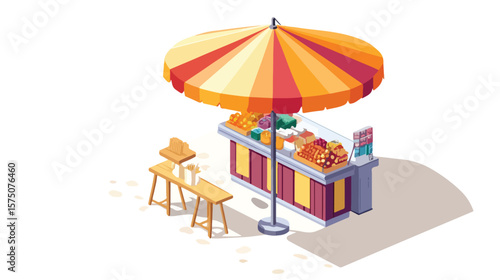 Isometric Market Stall with Beach Umbrella Display