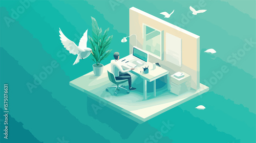 Modern Isometric Private Office with Man Working