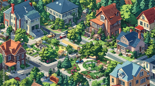 Modern Isometric Residential Area with Houses and Lush Garden