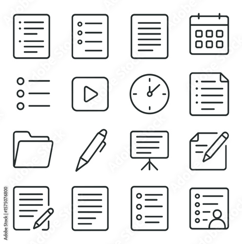 Podcast scripting and planning line art icons. episode outline, topic list, script page, calendar planner, bullet points, segment marker, timing clock, episode notes, research