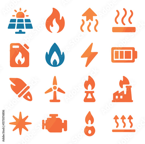 Fire and energy symbols modern flat .solar panel heat, combustion icon, heat transfer arrow, radiant wave, burning fuel, gas flame, lightning bolt, energy bar, exhaust flame,