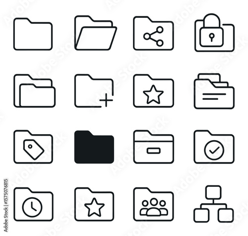 Document folder systems line art icons. folder icon, open folder, shared folder, locked folder, nested folder, folder with plus, favorites folder, document stack, tagged folder,