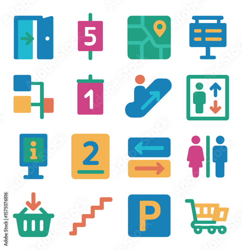 Store navigation modern flat .entrance door, exit door, store map, directory board, store zones, aisle marker, escalator icon, elevator icon, info kiosk, floor number, arrows