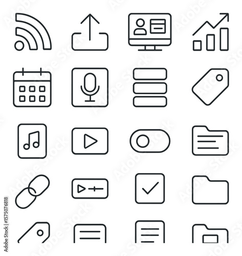 Podcast hosting and publishing line art icons. RSS feed icon, upload button, hosting dashboard, analytics chart, schedule calendar, cover art icon, episode archive, tag icon, audio
