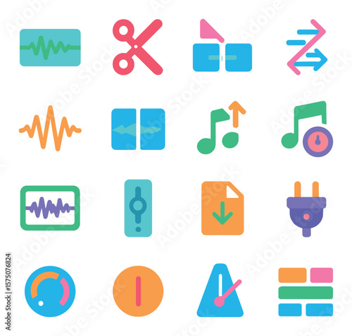 Sound editing software modern flat .audio timeline, cut icon, fade in, fade out, audio waveform, split track, adjust pitch, adjust tempo, noise reduction, compressor icon, export