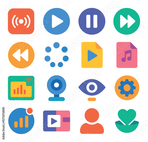 Streaming media modern flat .live stream icon, play button, pause icon, fast forward, rewind, buffering icon, video file, audio file, stream dashboard, webcam, view counter, stream