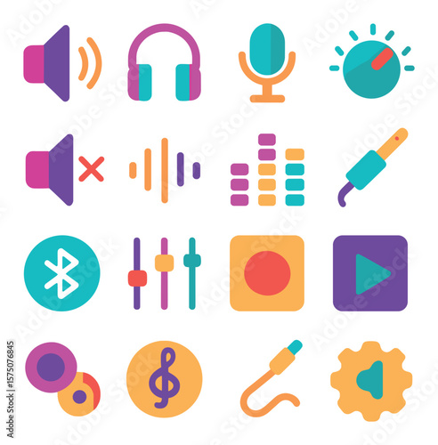 Audio control devices modern flat .speaker, headphones, microphone, volume knob, mute icon, sound wave, equalizer bars, audio jack, Bluetooth audio, audio mixer, record button,