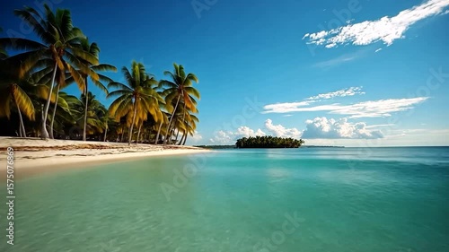 Tropical coastal scenery featuring turquoise water a white sandy beach and vibrant green palm trees under a clear blue sky with fluffy clouds. Peaceful vacation setting