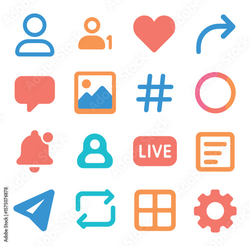 Social media interface modern flat .profile icon, follower count, like heart, share arrow, comment bubble, post card, hashtag symbol, story ring, notification bell, user tag, live