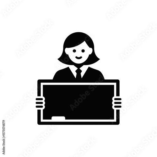 Uma pessoa em traje formal segura um quadro em branco com um giz no lado esquerdo nesta ilustração vetorial simples em preto e branco.