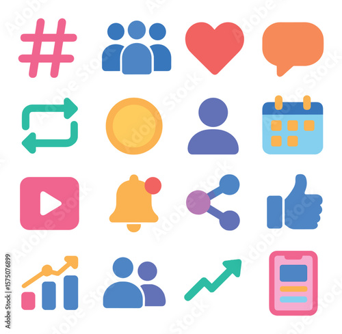 Social Media Marketing modern flat .Hashtag symbol, social group, heart like icon, comment icon, repost arrows, story frame, profile user, content scheduler, video play icon,
