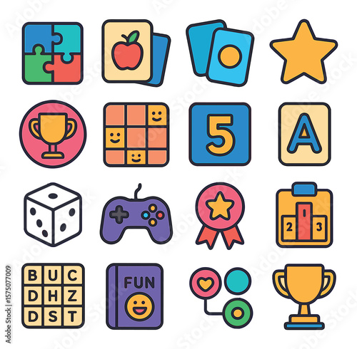 Educational Games modern flat .puzzle piece, flashcard, memory game, reward star, quiz trophy, number game, alphabet card, dice, game controller, badge icon, leaderboard, word