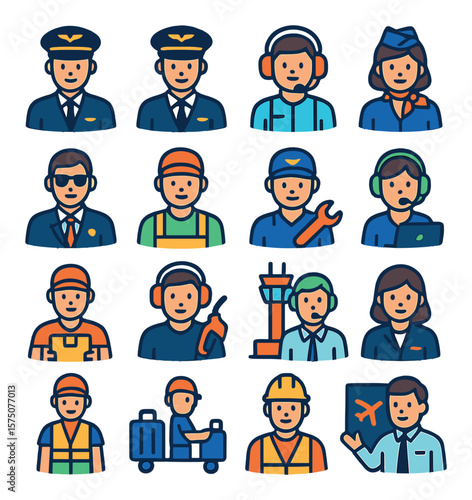 Flight crew modern flat .pilot, co-pilot, flight engineer, cabin crew, air marshal, ground handler, air mechanic, dispatcher, loadmaster, fuel technician, tower operator, gate