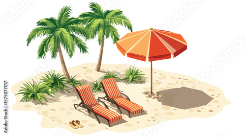 Tropical Sand Beach Isometric View with Sun, Palm Trees, and Ocean