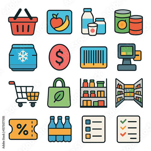 Grocery shopping modern flat .shopping basket, fruit section, dairy products, canned food, bakery items, frozen section, price sticker, barcode label, self-checkout, trolleys, eco