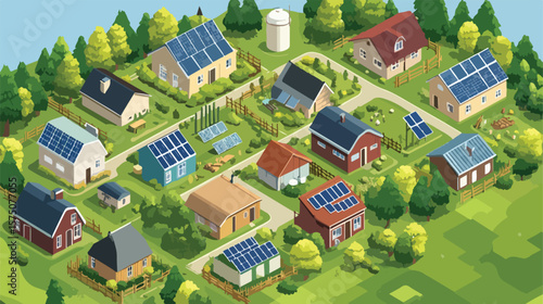 Isometric Village Setup with Solar-Powered Houses