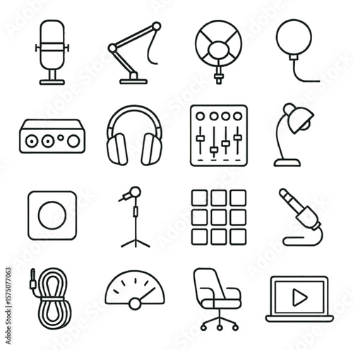 Podcast studio gear line art icons. condenser microphone, boom arm, shock mount, pop filter, audio interface, studio headphones, sound mixer, desk light, recording button, mic
