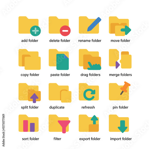 File Management Actions modern flat .add folder, delete folder, rename folder, move folder, copy folder, paste folder, drag folder, merge folders, split folder, duplicate folder,