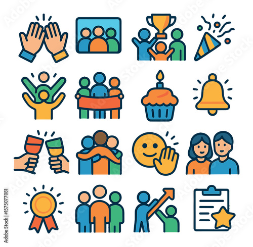 Team celebration modern flat .high five, group photo, team trophy, confetti popper, cheer pose, team banner, office cupcake, celebration bell, shared toast, group hug, emoji clap,
