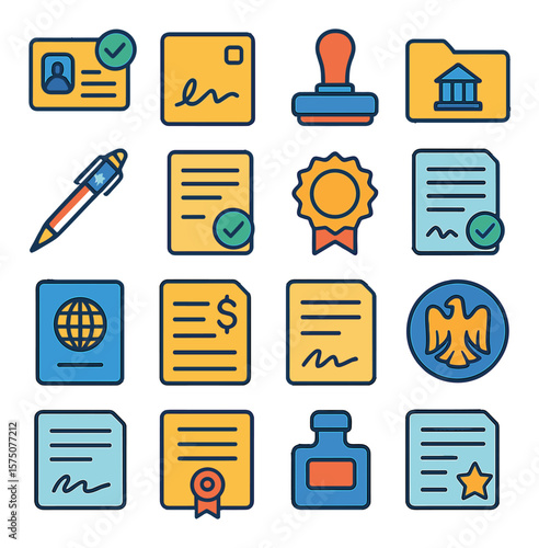 Government Documents modern flat .ID approval, signature box, official stamp, government folder, pen with flag, verification paper, legal seal, registry form, passport doc, tax