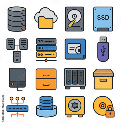 Data Storage Infrastructure modern flat .Database server, cloud drive, hard disk, SSD icon, RAID storage, data rack, tape backup, USB stick, external drive, file cabinet, NAS