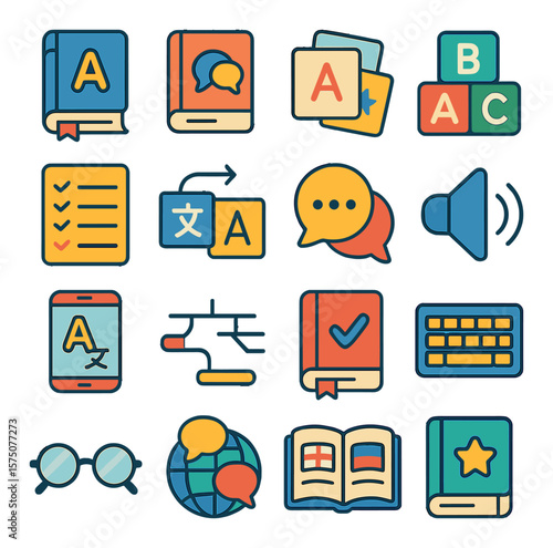 Language learning aids modern flat .dictionary, thesaurus, flashcards, alphabet blocks, verb list, translation icon, speech bubble, pronunciation speaker, language app, sentence