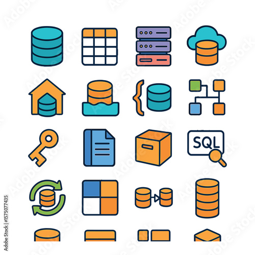 Data storage elements modern flat .database cylinder, table grid, server rack, cloud database, data warehouse, data lake, NoSQL icon, schema layout, primary key icon, index file,
