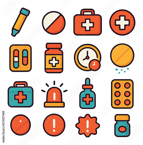 Emergency medicine modern flat .EpiPen icon, painkiller tablet, emergency kit, red cross label, rescue dose, ambulance pill case, quick-relief icon, fast-dissolve tablet, portable