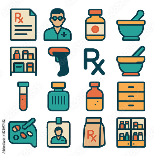 Hospital pharmacy tools modern flat .prescription form, pharmacist icon, dosage label, mortar and pestle, drug shelf, barcode scanner, RX symbol, compounding tool, lab vial, tablet