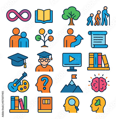 Lifelong learning modern flat .infinity loop, open book, timeline icon, stages of life, mentorship icon, knowledge tree, personal development icon, wisdom scroll, graduation cap,