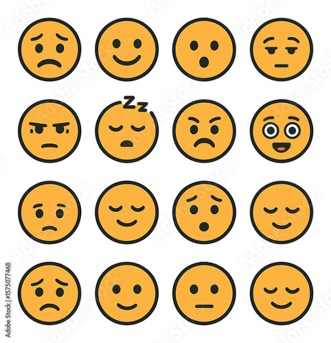 Emotion icons for reminders modern flat .anxious face, smiley face, surprised face, tired eyes, focused eyes, sleepy face, frustrated expression, excited eyes, bored face, content