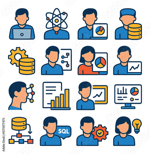 Analytics roles modern flat .data analyst, data scientist, BI developer, database admin, data engineer, business strategist, visualization designer, research analyst, ML engineer,