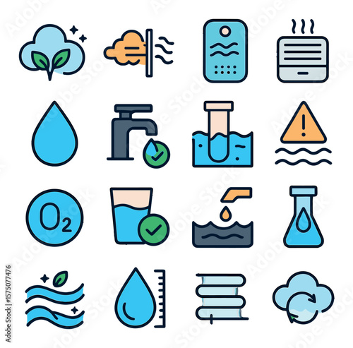 Air & Water Quality modern flat .Clean air symbol, smoke filter, air sensor, air purifier, water droplet, tap water safety, river test icon, water pollution alert, oxygen symbol,