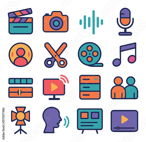 Media production modern flat .video clapperboard, photo camera, sound wave, microphone, podcast icon, editing scissors, film reel, music notes, animation timeline, livestream icon,