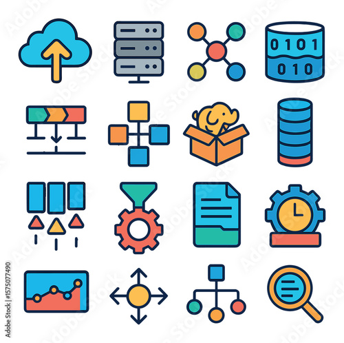Big data infrastructure modern flat .data cloud, server rack, distributed nodes, data lake, processing pipeline, cluster icon, Hadoop box, storage tower, streaming data, ETL gear,