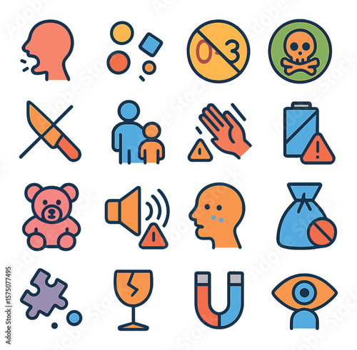 Children & Toy Safety modern flat .Choking hazard icon, small parts warning, age limit label, toxic material alert, sharp edge warning, parental supervision sign, keep out of reach