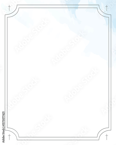 Funeral card. Empty frame with sky blue gradient and decorative lines.