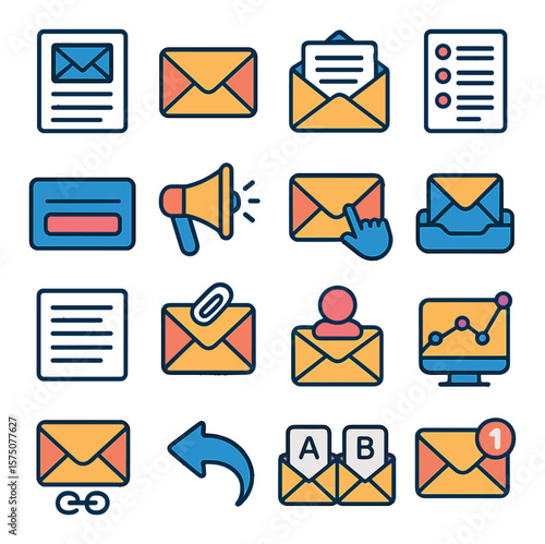 Email Marketing modern flat .Newsletter, mail envelope, open email, email list, subscribe form, campaign report, mail click icon, inbox icon, subject line, attachment icon,
