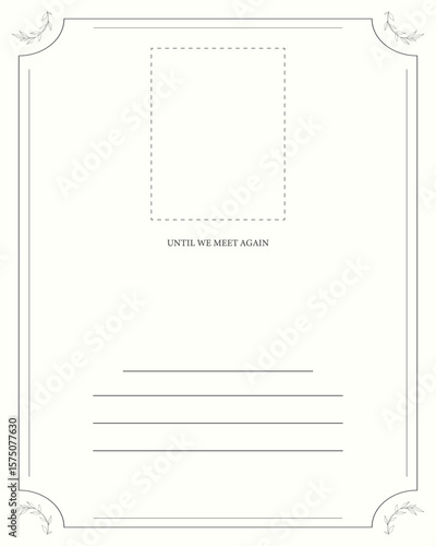Funeral card. Blank layout with soft beige tones and floral border accents.