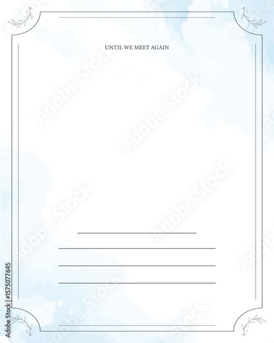 Funeral card. Empty template with light blue watercolor background and fine border.