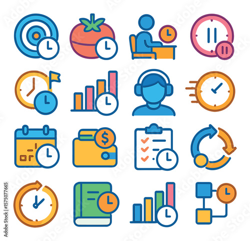 Efficiency & Productivity modern flat .Focus timer, Pomodoro clock, work session icon, break timer, goal time icon, output over time, focus mode, sprint session clock, planning