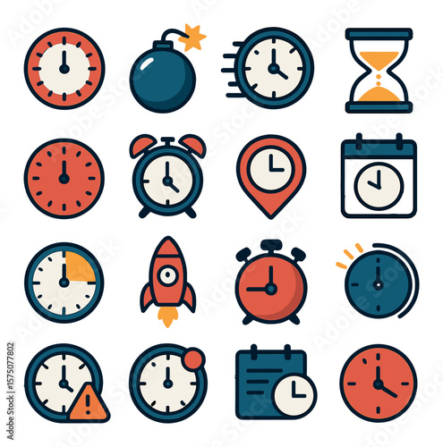 Countdown & Deadlines modern flat .Countdown clock, ticking bomb, time running out icon, expiring hourglass, final seconds, red alert clock, urgent time marker, event countdown,