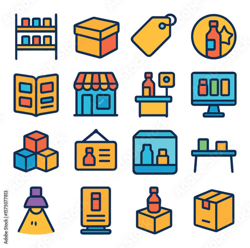 Product display modern flat .product shelf, product box, new arrival tag, featured product, product catalog, showroom icon, sample station, digital screen display, stacked display,